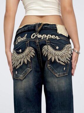 Red Pepper Angel Wings Embroidered Drop Rise Straight Jeans